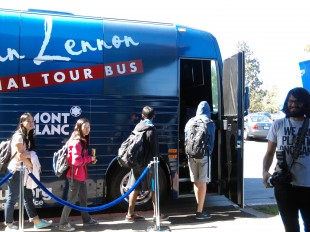 Students enter the Bus for a tour during lunch. “We’re trying to promote John Lennon’s legacy of students actively involved in musical education,” said Kyle Baudour, an engineer for the Bus. Photo by Phoebe So.