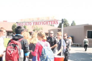 Palo Alto firefighters came to increase student participation in the Palo Alto Fire Department Explorer Program.  The program gives an opportunity for local youth to work with firefighters, emergency medical technicians and paramedics to learn how to give CPR and other emergency medical support, as well as respond to real emergencies with firefighters and paramedics.