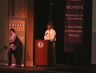 U.S. Secretary of Education Arne Duncan addresses a crowd at Sequoia High School, kick-starting the Educational Tour Bus.