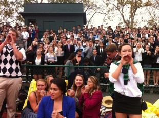 Juniors cheer for their class from the stands during the hula hoop competition. Photo by Paige Esterly.