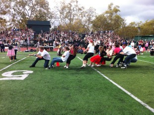 The sophomores struggle against the seniors in the tug-of-war battle. The sophomores placed last overall. Photo by Paige Esterly.