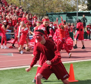 The sophomores celebrate their win against the freshmen in the third round of the relay races, placing third in the activity. Photo by Phoebe So.