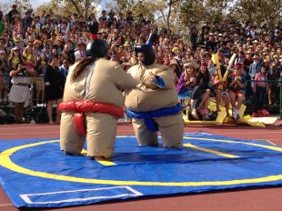 Senior Annie Susco faces off against a freshmen in sumo-wrestling on day two of Spirit Week at the football field at lunch.  Susco would win the round.  Photo by Jared Schwartz.