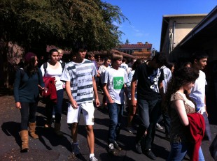 Students walk to the field as part of the evacuation procedure.
Photo by: Juliana Moraes-Liu
