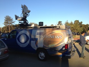 A news truck from CBS 5 Eyewitness News is in the parking lot today while a camera crew films for an upcoming segment about Paly as a 'Cool School'.