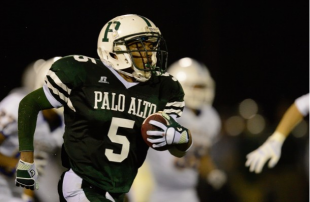 Senior wide receiver Jayshawn Gates-Mouton sprints downfield after a reception in Paly’s loss to Junipero Serra High School in the CCS playoffs on Nov. 16. The Vikings won their league this year. "The guys worked hard all season, it was a great season with the team," said junior quarterback Keller Chryst. Photo by Matt Ersted.
