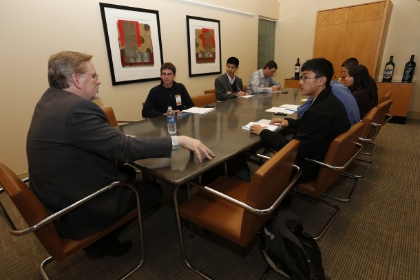 The participants in the San Jose Sharks' High School Sports Writer's Night listen to Malcolm Bordelon discuss the business side of Sharks hockey. Bordelon, the Executive Vice President of Business Operations for the Sharks, oversees things from ticket prices to advertisements. Photo courtesy of the San Jose Sharks.