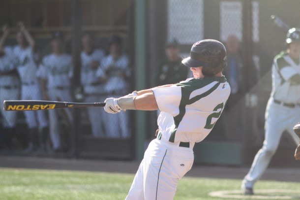 Senior outfielder Sean Harvey swings at a pitch in the second inning. The Vikings' offense was stagnant for much of the earlygoing, but rallied for the victory later in the game.