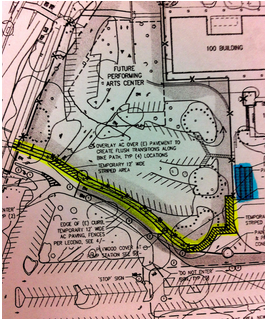 Temporary bike racks will be added around campus and alterations will be made to the drop-off zone at the north side of the Palo Alto High School grounds due to the Performing Arts Center construction, which will begin before the end of this school year, according to Assistant Principal Jerry Berkson. The car parking lot will be restriped, and two pathways (yellow) leading to new bike racks (blue) will be paved for pedestrians and bikers, according to bond program manager Tom Hodges. Image: fs3|Hodges.