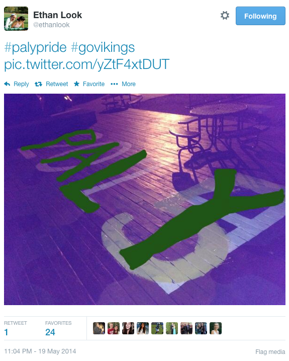 Senior Ethan Look tweeted an edited picture of the deck vandalism, adding 'PALY' over the '2014' to encourage school unity, he said. Photo courtesy of Ethan Look.