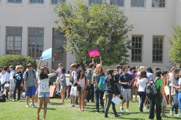 Students advertise for their clubs during the extended lunch.  Over 55 different organizations brought signs and displays to attract student to join their clubs.