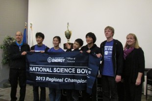 The Palo Alto High School Science Bowl team displays its trophy after winning the regional Science Bowl competition on Saturday, Feb. 2, at Lawrence Berkeley National Lab. This is the first time in seven years that Paly's team is going to the national competition. "We're really solid, but we need to get even better," team captain Jeffrey Ling said.