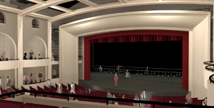 An computer drawing shows the interior of the future theater. [Photo by David Raftrey]