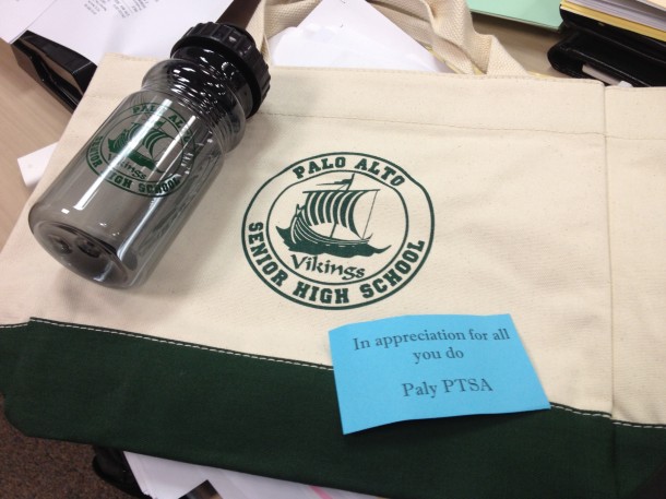 Paly staff received appreciative tote bags like this one, which included a free water bottle and a short note from the PTSA.