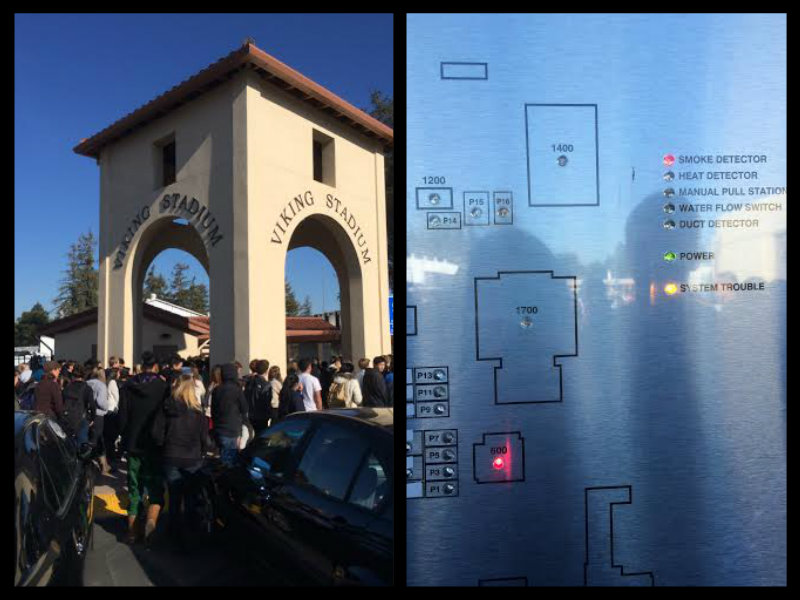 Left: Paly students enter the Viking Stadium football field after an alarm went off during fifth period. Right: Paly's alarm system map inaccurately displays that a smoke alarm went off in the 600s building when it actually was triggered in the Tower Building, as explained by Assistant Principal Jerry Berkson. Photos by Emma Chiu.