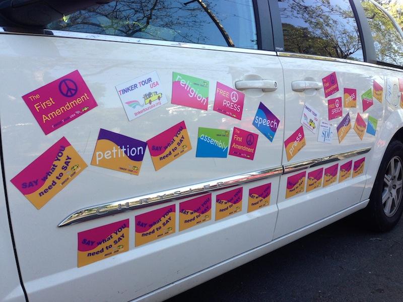 The Tinker Tour minivan decorated with magnets celebrating First Amendment rights. Photo by Takaaki Sagawa.