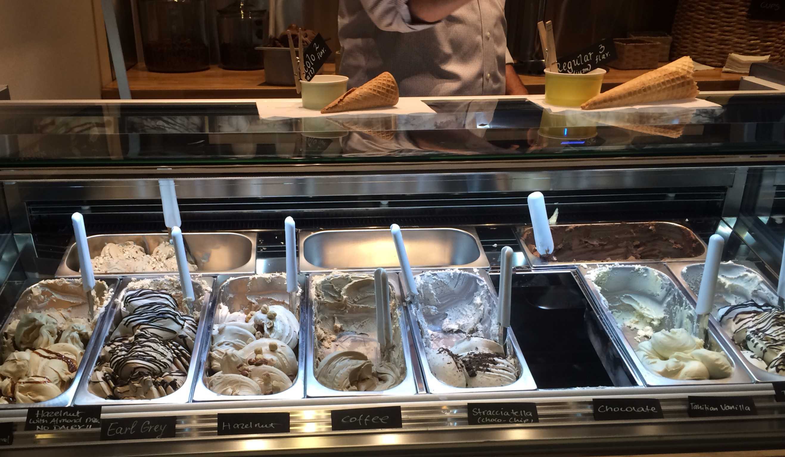 Gelataio displays its various offerings of gelato flavors at the front of the store. Photo by Maddy Jones.