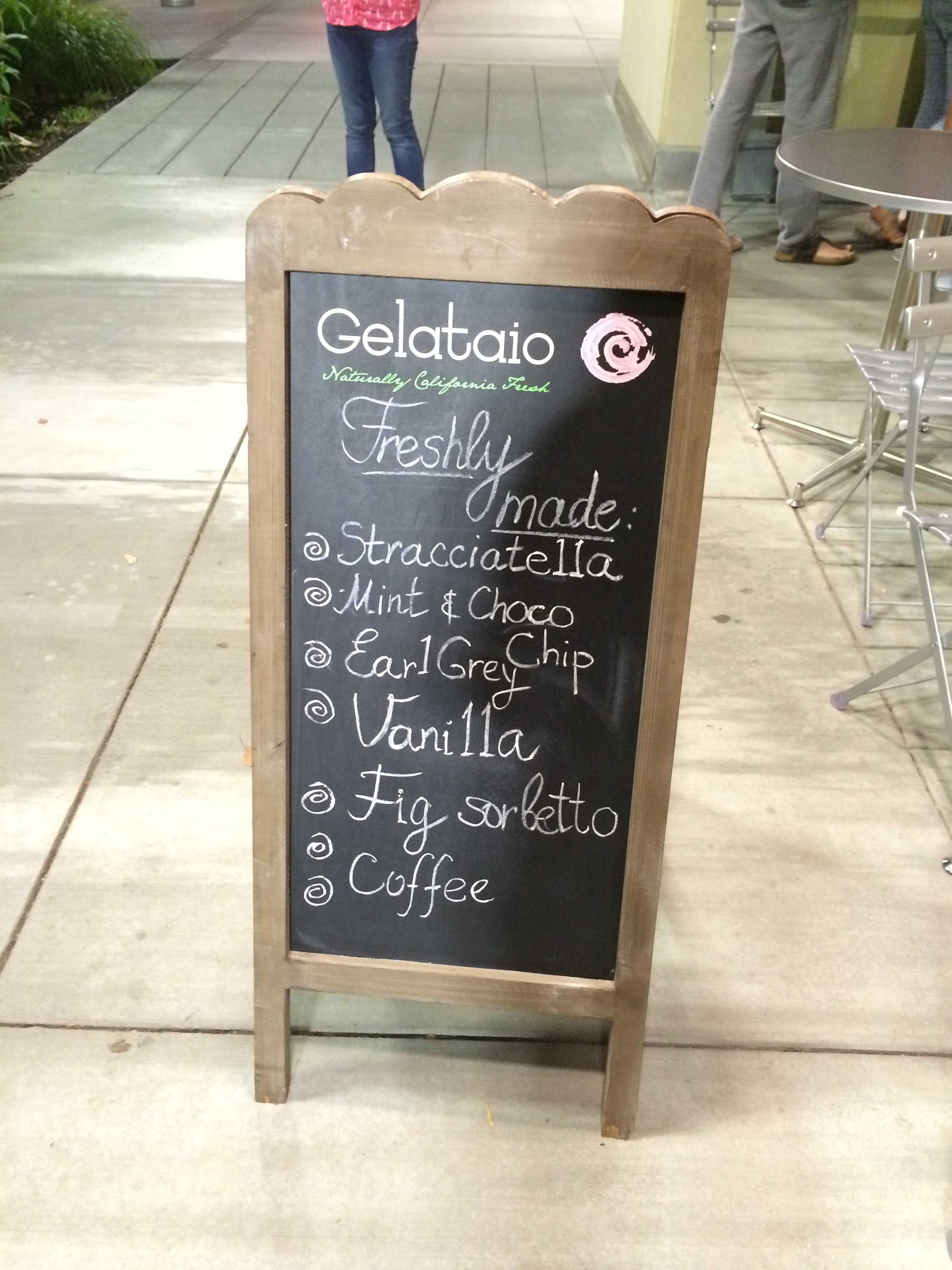 The sign outside of Gelataio advertising freshly made flavors. The sign also displays its slogan: "Naturally California Fresh." Photo by Maddy Jones.