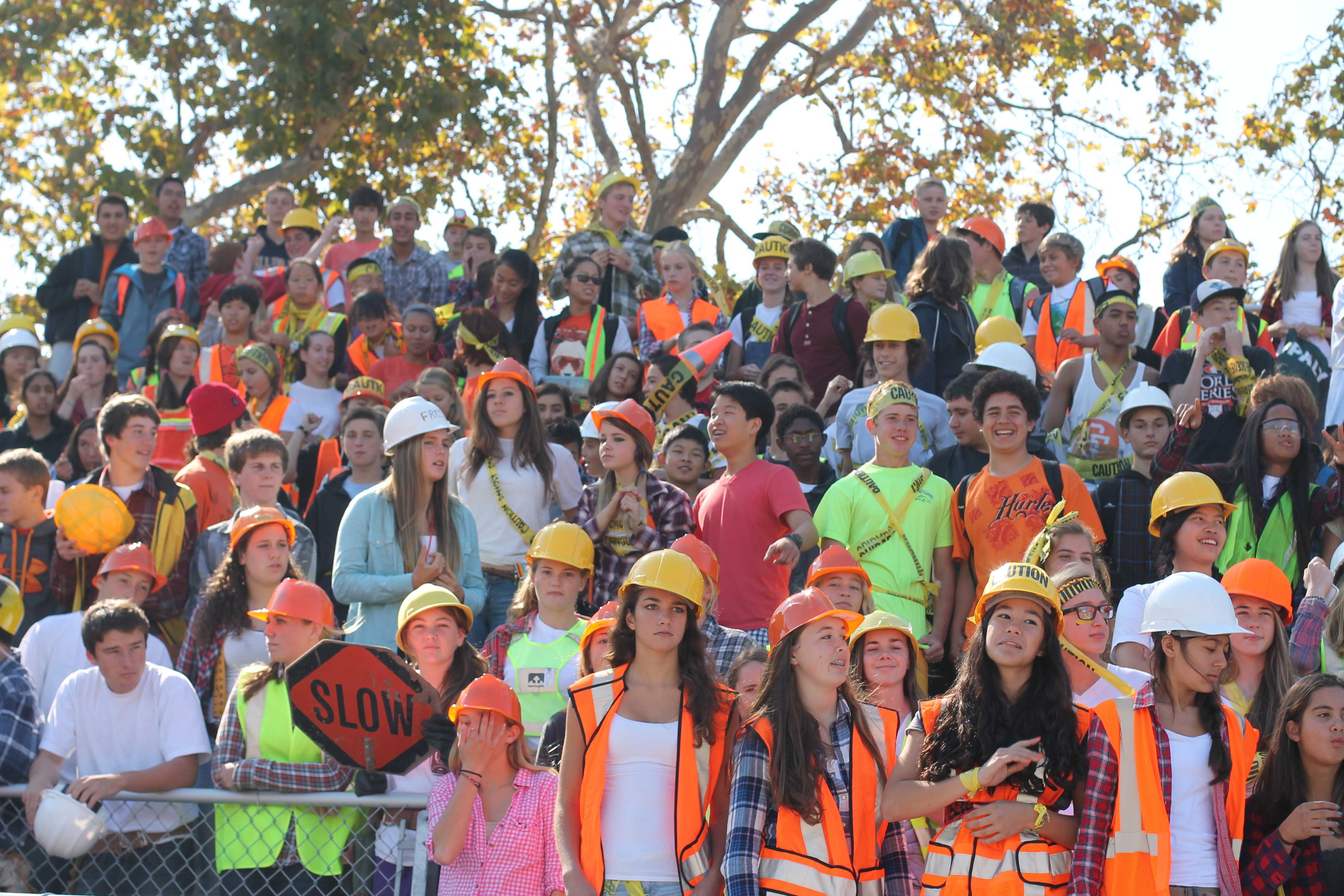Freshmen dress according to their theme "Warning/Under Construction" during Spirit Week 2013. Photo by Molly Fogarty and Cathy Rong.