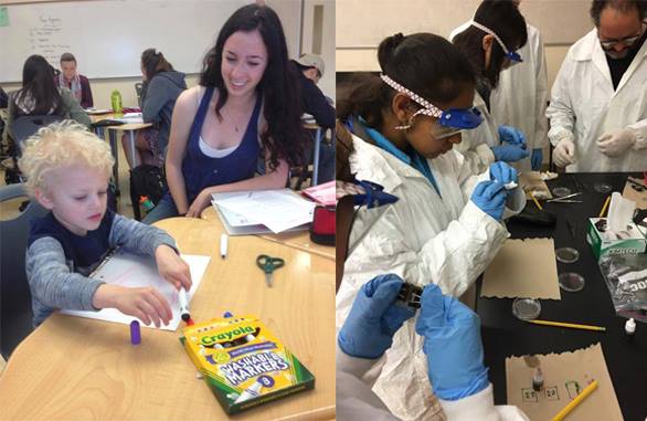 Left: Junior Yael Moskowitz engages with preschool student during the Early Childhood Development Class. Right: Students interact in lab during the Nanotechnology class. Photos by Wesley Woo. 
