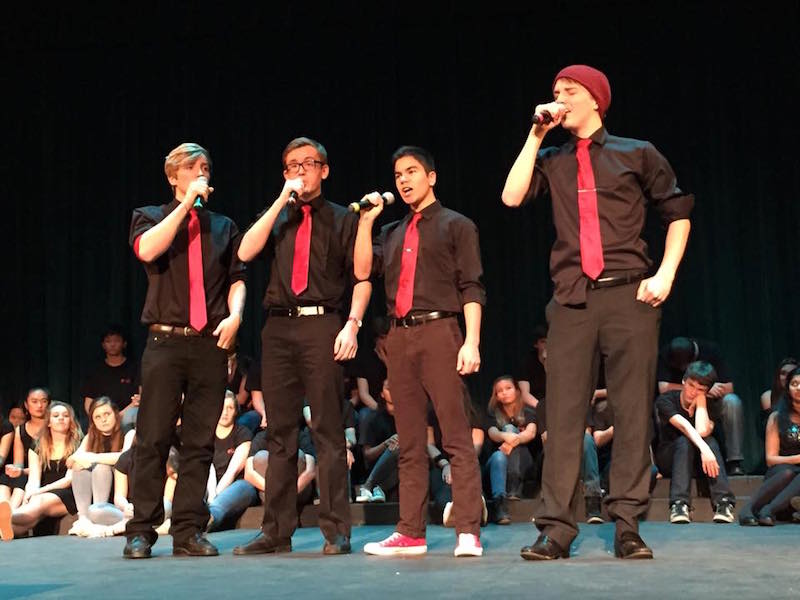 Palo Alto High School's all-male accapella group, the Heart Breakers (left to right: sophomore Spencer Wycoff, junior Sean Jawetz, senior Grant Smith, senior Edward Kwiatkowski) perform at the Pops Concert on Feb. 11. This is where they announced that they would be releasing a CD. Photo by Alex Merkle-Raymond. 