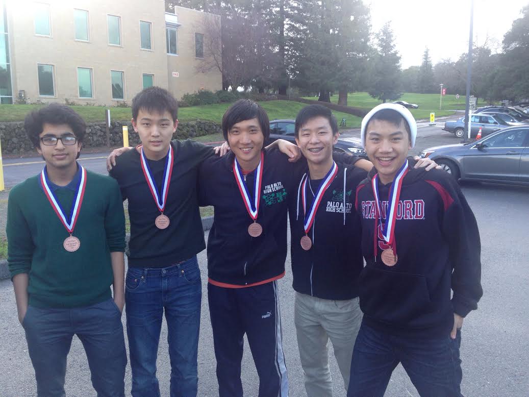 Paly Science Bowl members (from left to right) sophomore Samarth Venkatasubramanian, junior Andrew Lee, senior Jasen Liu, senior Matthew Li and senior Gary Chen pose for a photo after placing third at regionals. Photo courtesy of Gary Chen.