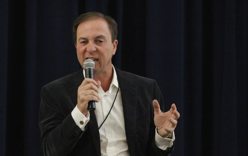 Golden State Warriors owner Joe Lacob speaks to Paly students in the MAC. According to Lacob, after years of failing to reach his goals, he developed a relentless attitude that has led his team in a position to win its first NBA championship since 1975.  Photo by George Lu. 