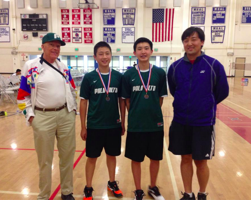Juniors Eric Chiang and James Wang pose with coaches Wesley Hsieh and Len Hill after placing fourth at Central Coast Selection playoffs last year. Chiang and Wang will 
