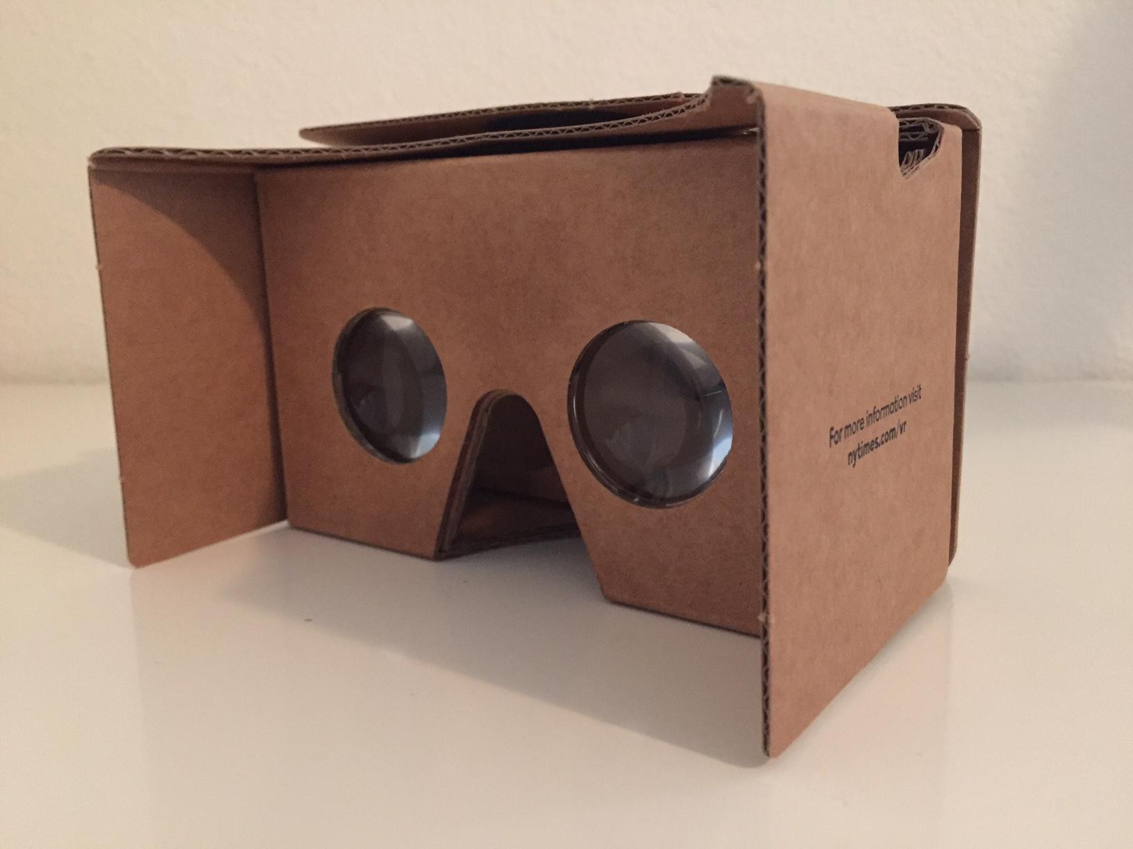 In partnership with Google, the New York Times distributed Google Cardboard eyepieces to its mail subscribers. The Google Cardboard produces a stereoscopic effect and makes objects appear 3D. Photo by Dhara Yu.