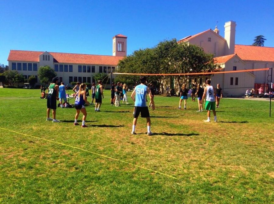 Two teams face off in the 2015 intramural volleyball