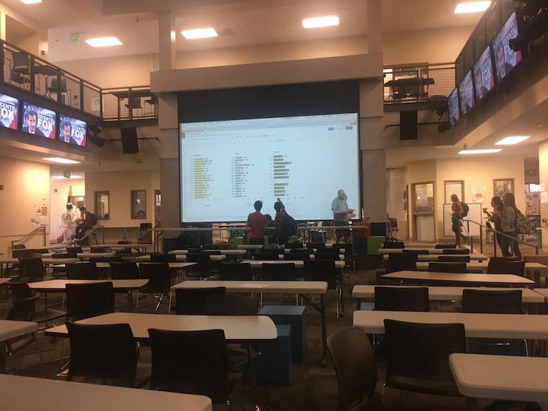 AB Calculus teachers David Baker, Scott Friedland and Herb Bocksnick grading the Calc Bowl results in the MAC, following the competition. Photo: Daniella Maydan