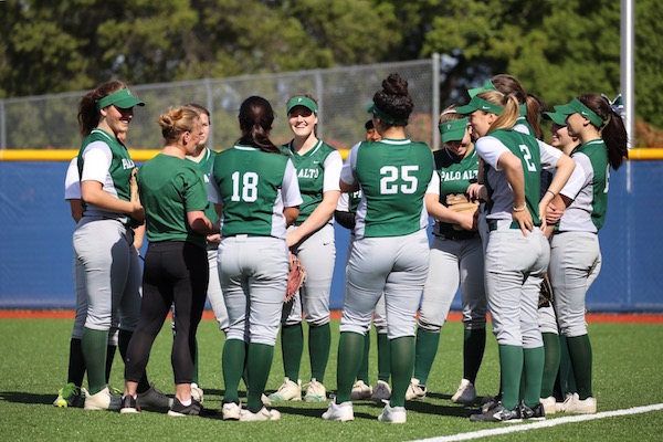 The softball team huddles up before its game against Saratoga High School (8-3, 2-1) on Mar. 22. The Vikings lost to the Falcons 8-1. 
