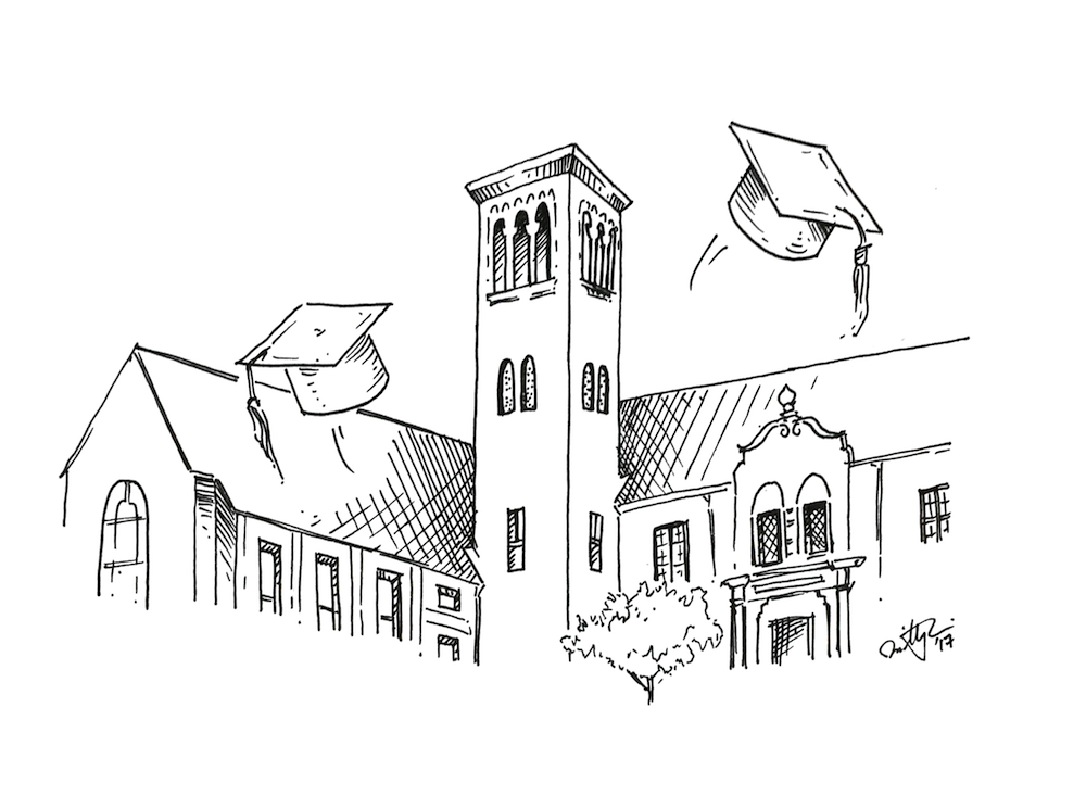 Graduation caps fly in front of the Tower building. Illustration: Timothy Liu.