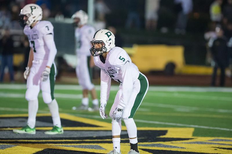 Junior cornerback Damion Richard-Valencia awaits to defend a Mountain View High School defender during a road game last season. Richard-Valencia has been the cornerstone of the Paly secondary and will continue to be a key player in the Vikings defense. Photo: David Hickey