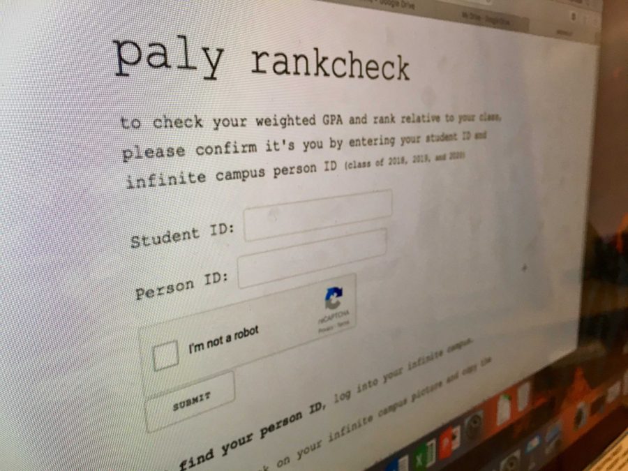 A website that enables Paly students to view their class rank is circling about Paly community this morning. Administration has been notified of the apparent security breach and is responding. “It makes me really sad to hear that this tool is out here and people are curious, Principal Kim Diorio said. This is exactly what we wanted to prevent when we took a hard stand [against weighted GPA.]
Photo: Maya Reuven