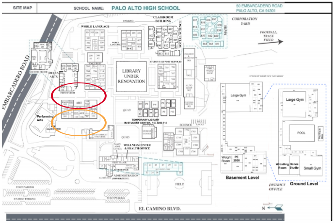 Map of Palo Alto High School. Yellow circle represents where the current art panels are mounted. Red circle represents where future art panels will be mounted. 