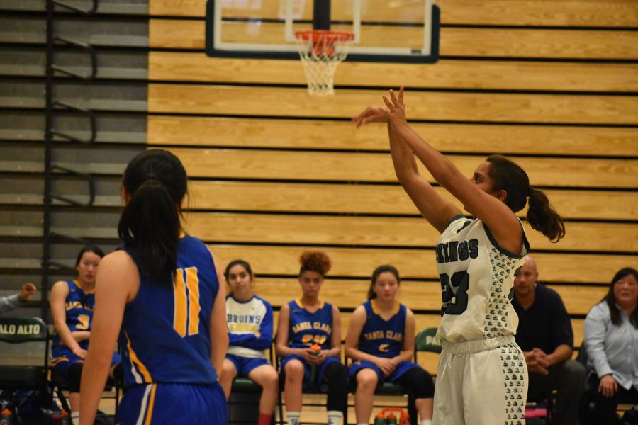 Freshman guard Annika Shah watches as her shot sinks into the net in a game against Santa Clara High School. Palo Alto High School went on to win the game, 51-40. Many people underestimate the freshmen and I am here to just prove them wrong, Shah said.