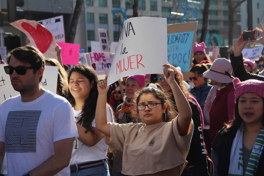 A young woman holds up her sign, which reads viva la mujer, or long live the woman, as she marches. Many marches  had signs in spanish, and signs that supported immigrants rights, particularly the young people participating in the threatened DACA program [Differed Action for Childhood Arrival], which grants  immigrants who came into the country at a young age rights like a social security number and the ability to attain a work permit. The program is threatened under the Trump administration, which pledged to end the program in October of 2017; the government is currently shut down as a result of the Democratic Party being unwilling to vote in favor of an extension without provisions protecting DACA being put in place. 