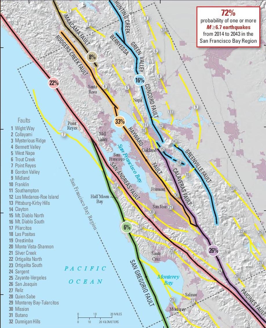 The above map shows the percent chance of an earthquake of magnitude 6.7 or larger occurring on each of the major fault lines in the Bay Area by the year 2043. "We know that the plates are moving past each other and this is driving the motion of the Earth’s crust, and the two sides of the fault are usually stuck against each other," Harris said. "We know that this accumulating energy has to be released at some time, and that can happen in multiple forms, but mostly it happens in earthquakes." Photo: U.S.G.S.