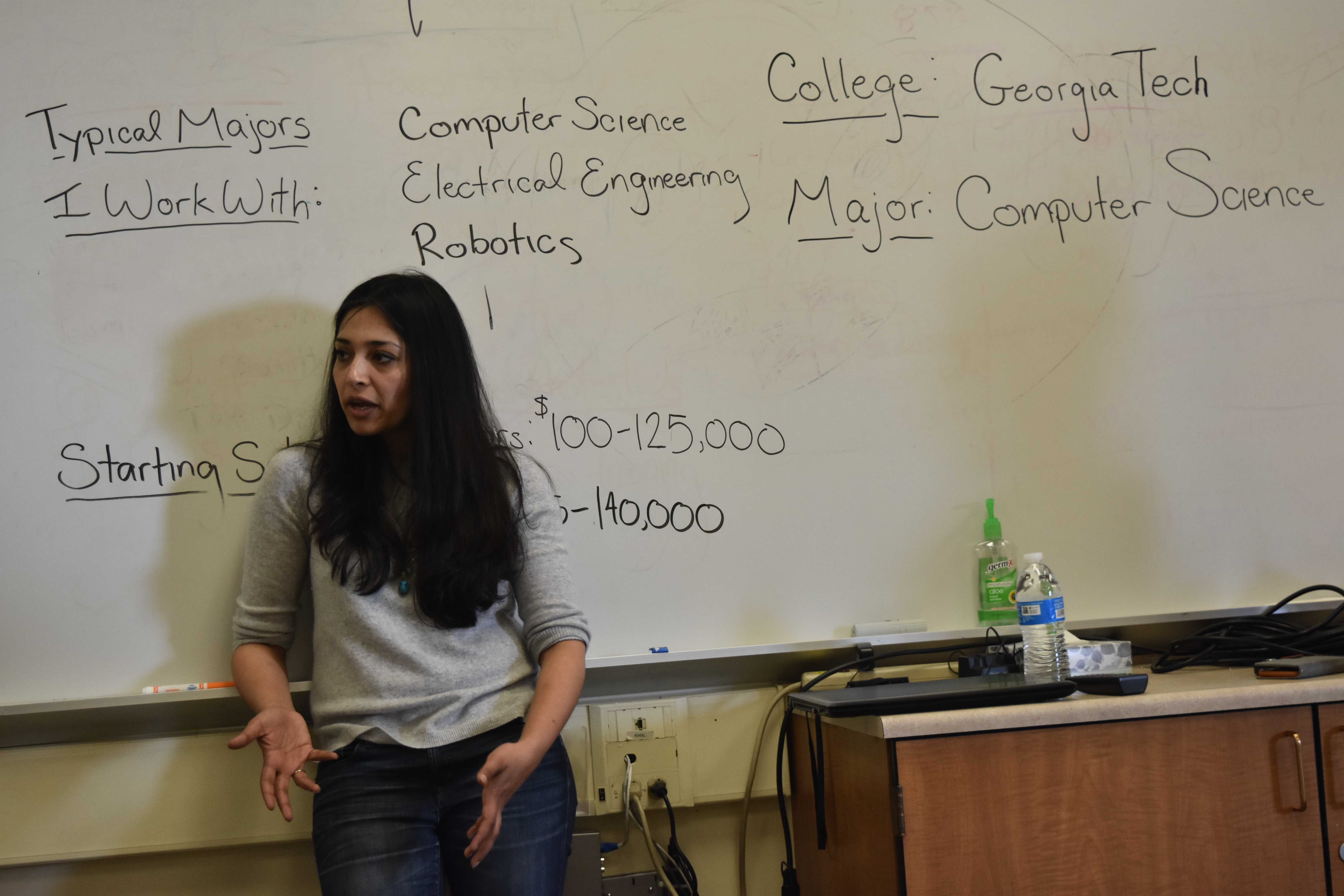 Sarah Tariq, a research for the development of self-driving cars at Zoox, explains about her career journey to Palo Alto High School students on Day 3 of Career month. Tariq, who initially thought that she would pursue a career in medicine during her high school education, transitioned into the recently-emerging machine learning field. “Everyone’s career path is going to be different and there doesn’t need to be clarity on what you are doing 10 years from now,” Tariq said. “What’s important is finding what motivates you.” Photo: Eric Yap 