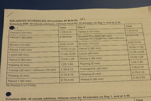 A packet depicting the Innovative Schedule Committee's schedule 80M, which features a later start time on both even and odd days as well as an elimination of C days. The Committee's next step is to get the PAUSD school board's approval. "Hopefully they will, we spent a long time on this, so hopefully they trust us", committee member and junior David Foster said.