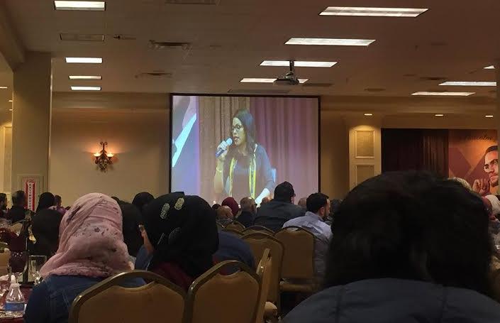 Brightly colored hijabs and people of all colors attentively listen to inspirational speaker and daughter of Malcolm X, Ilyasah Shabazz. Shabbazz discusses her experience growing up as one of Malcolm Xs daughters and the importance of standing up for justice. Photo by: Leila Chabane. 