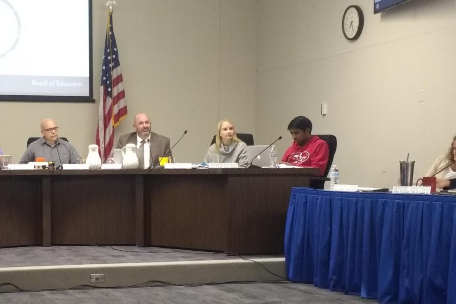 The Palo Alto Unified School Board listens to Komey Vishakan, the district manager of policy and legal compliance (not pictured), summarize the revised Memorandum of Understanding with the Palo Alto Police Department at a board meeting on Tuesday. Vishakan said that the memorandum was long overdue. “This was due back on August 14, 2017, so we are under pressure to get this completed,” Vishakan said.