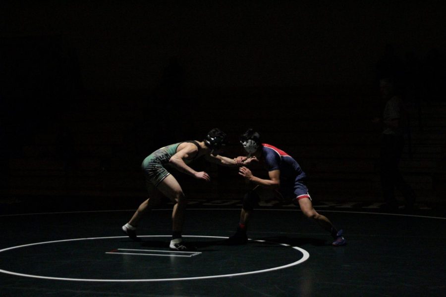 Senior+Dara+Heydarpour+faces+off+against+his+opponent+Isaac+Yoon+in+Paly%E2%80%99s+wrestling+match+against+Lynbrook+Tuesday.+Heydarpour+dominated+the+match%2C+winning+with+a+pin%2C+earning+six+points+for+Paly.+Photo%3A+Margaret+Li+