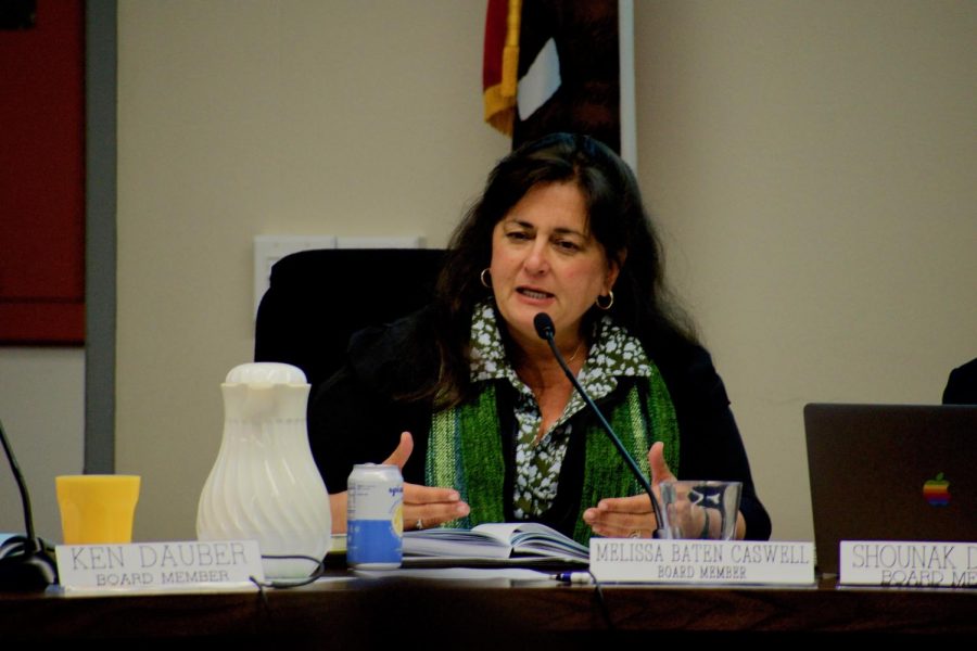 Board Member Melissa Baten Caswell speaks during Tuesday evenings board meeting. At the meeting, the board unanimously voted to endorse Caswell and three others in the California School Boards Association Delegate Assembly election. Photo: Kaahini Jain
