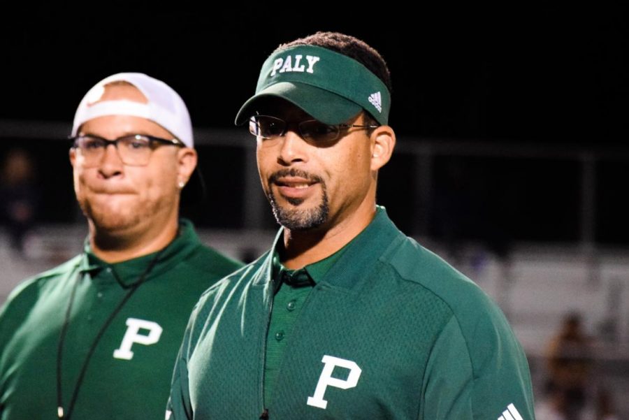 Athletic Director and Varsity Football Coach Nelson Gifford congratulates the Palo Alto High School varsity football team for a victory during the 2019 season at Viking Stadium. Over the summer, some Palo Alto Unified School District campuses reopened for socially distanced summer conditioning and several athletic teams at Paly held practices for five weeks before the Santa Clara County prohibited athletics activities. As athletics and the county start to reopen again, Gifford said he believes that contact sports will be able to play if in-person instruction begins. If we can teach in a classroom in an enclosed environment, we should be able to do these contact sports, Gifford said. We believe they kind of go hand in hand. Photo: Amy Yu
