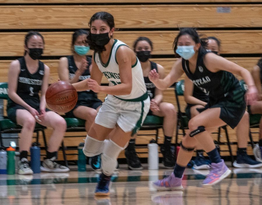 Palo+Alto+High+School+freshman+shooting+guard+Natalie+Neumann+drives+past+Homestead+point+guard+Naomi+Chow+in+the+Paly-Homestead+game+Tuesday+at+home.+According+to+Head+Coach+Scott+Peters%2C+the+game+followed+a+stretch+of+three+canceled+games+due+to+the+Omicron+variant.+The+three+teams+we++were+supposed+to+play+%5Bwere%5D+all+canceled%2C+postponed+because+of+COVID%2C%E2%80%9D+Peters+said.+%28Photo%3A+Jonathan+Chen%29