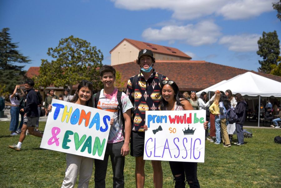 2022 Promposal Competition winners Samantha Yamashita, Vienna Liu, Evan Seki and Thomas Rimsa pose with their signs. According to senior Olga Muys, this years prom is especially exciting as seniors were unable to attend prom last year due to the pandemic. I missed out on being able to go to prom my junior year because of COVID, and so Im super excited to get to go, Muys said. Its just part of the high school experience to go and wear a pretty dress and heels.