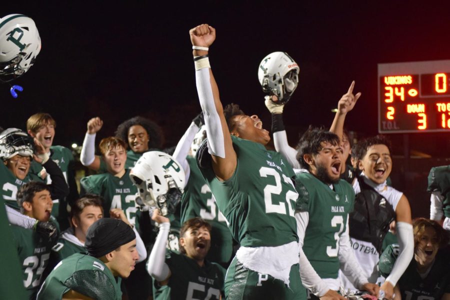The Palo Alto High School Vikings celebrate after their victory over the Seaside Spartans in the Central Coastal Section semifinal playoff game Friday night at Palo Alto High School. According to senior captain defensive lineman Vainga Mahe, the team looks forward to facing the Monterey Dores in the finals. Since day one of us being here, weve been aiming for a ring, Mahe said. Thats really just our mentality right now. Just getting past this final, getting past NorCal, going to states, getting a ring. [Photo: Leena Hussein]