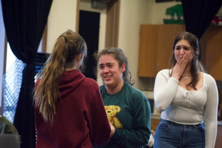 Junior Zoe Hayward (left) and seniors Rebecca Helft (center) and Arielle Blumenfeld (right) rehearse a scene from Palo Alto High School theater programs latest show, Mamma Mia! The production is the first musical in four years hosted in the Performing Arts Center. According to lead actress Zoe Hayward, after two months of hard work and countless rehearsals, the Paly Theater is officially presenting its enactment of “Mamma Mia!”. “It was a pretty fast rehearsal process,” Hayward said. “We started right after winter break, and there were tons of rehearsals from then until now, so timing was definitely a challenge. But we definitely overcame it and worked together, and it came together in the end.” (Photo: Leena Hussein)